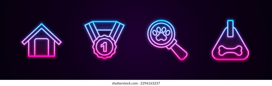 Set line Dog house, award symbol, Veterinary clinic and collar. Glowing neon icon. Vector