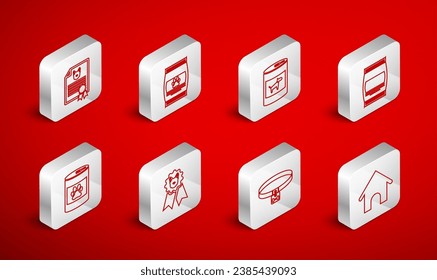 Set line Dog house, Bag of food for pet, Canned dog, collar, Certificate cat, award symbol and  icon. Vector