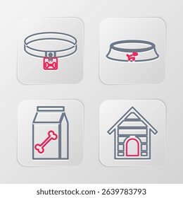 Set line Dog house, Bag of food for pet, Pet bowl and collar icon. Vector