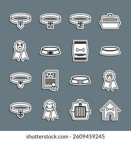 Set line Dog house and bone, Pet award symbol, food bowl, collar, Collar heart and Bag of for pet icon. Vector