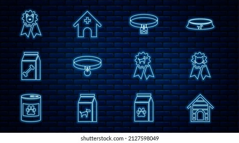 Set line Dog house, Cat award symbol, collar, Collar, Bag of food for pet, and Veterinary medicine hospital icon. Vector