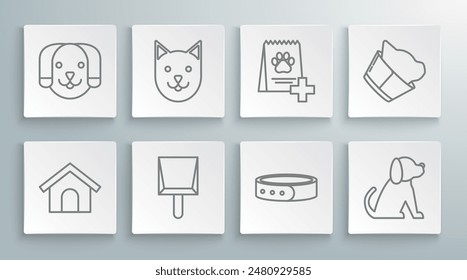 Set line Dog house, Cat, Dustpan, Collar with name tag, Bag of food for dog, Veterinary clinic symbol and  icon. Vector