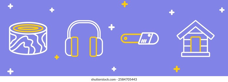 Set line Dog house, Chainsaw, Headphones and Wooden logs icon. Vector