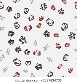 Set line Dog house, Electric circular saw, Metallic nails and Wooden log on seamless pattern. Vector