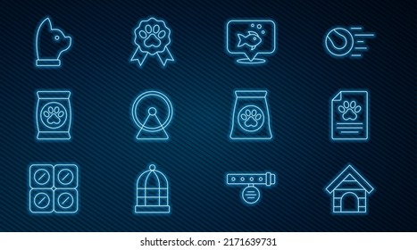 Set line Dog house, Medical clinical record pet, Fish, Hamster wheel, Bag of food for, Cat,  and Pet award symbol icon. Vector