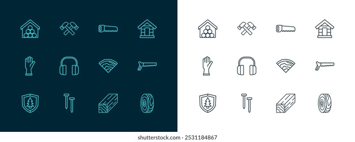 Set line Dog house, Metallic nails, Wooden beam, Headphones, Hand saw, logs and Crossed hammer icon. Vector