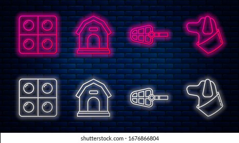 Set line Dog house, Dog muzzle, Dog and pills and Dog. Glowing neon icon on brick wall. Vector