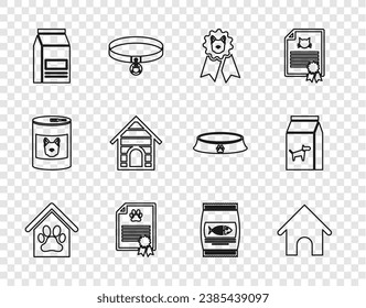 Set line Dog house and paw print pet, award symbol, Certificate for dog or cat, Bag of food,  and  icon. Vector