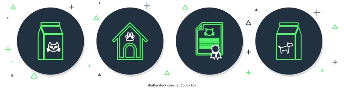 Set line Dog house and paw print pet, Certificate for dog or cat, Bag of food and  icon. Vector