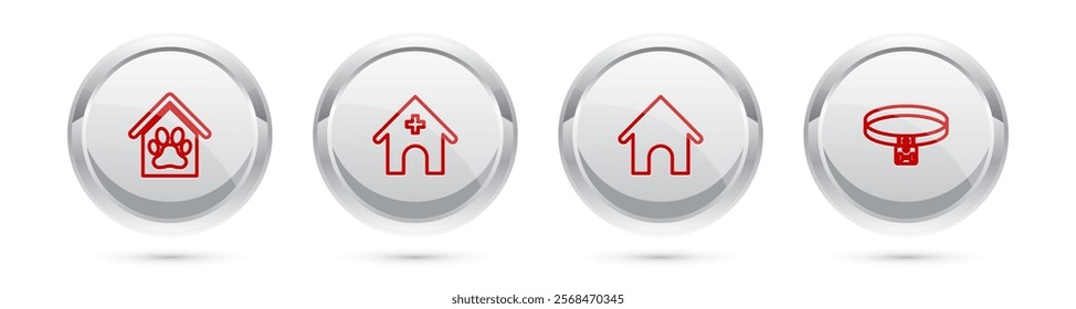 Set line Dog house and paw print pet, Veterinary medicine hospital,  and collar. Silver circle button. Vector