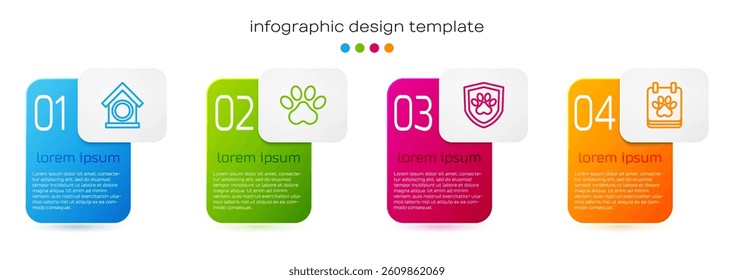 Set line Dog house, Paw print, Animal health insurance and Calendar grooming. Business infographic template. Vector