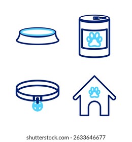 Set line Dog house and paw print pet, Collar with name tag, Canned food and Pet bowl icon. Vector