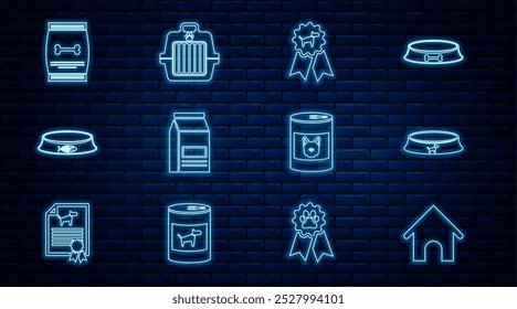 Set line Dog house, Pet food bowl, award symbol, Bag of, for pet, Canned dog and carry case icon. Vector