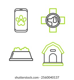 Set line Dog house, Pet food bowl, Veterinary clinic symbol and Online veterinary icon. Vector