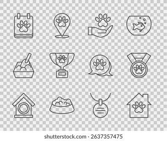 Set line Dog house, Pet, Hands with animals footprint, food bowl for cat or dog, Calendar grooming, award symbol, Collar name tag and  icon. Vector