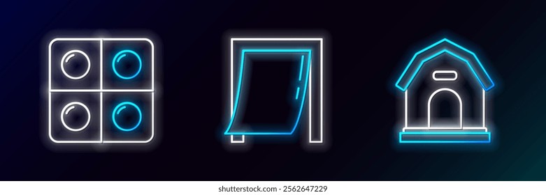 Set line Dog house, and pills and Door for pet icon. Glowing neon. Vector