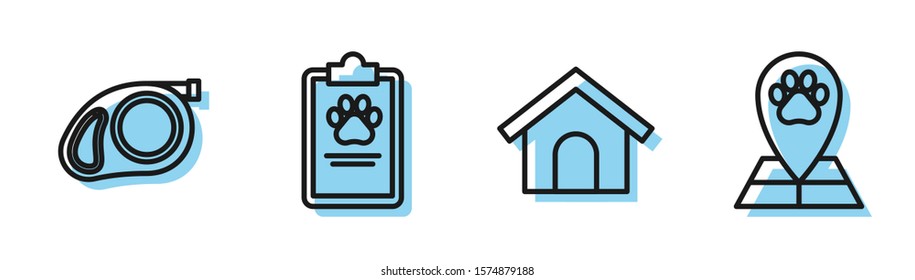 Set line Dog house, Retractable cord leash with carabiner, Clipboard with medical clinical record pet and Map pointer with veterinary medicine hospital icon. Vector