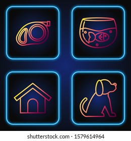 Set line Dog, Dog house, Retractable cord leash with carabiner and Aquarium with fish. Gradient color icons. Vector