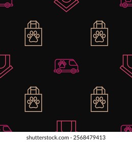 Set line Dog house, Shopping bag pet and Veterinary ambulance on seamless pattern. Vector