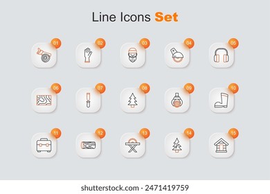 Set line Dog house, Tree, Electric circular saw, Wooden log, Toolbox, Waterproof rubber boot, Grapple crane grabbed and  icon. Vector