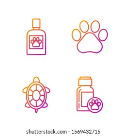 Set line Dog medicine bottle, Turtle, Dog medicine bottle and Paw print. Gradient color icons. Vector