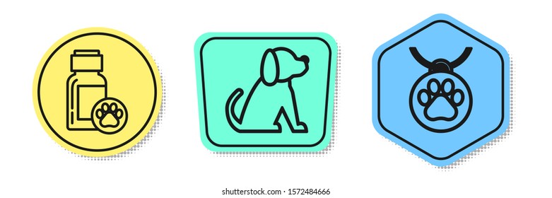 Set line Dog medicine bottle, Dog and Collar with name tag. Colored shapes. Vector
