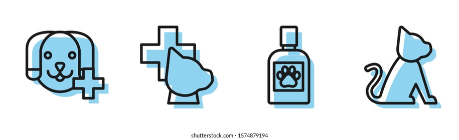 Set line Dog medicine bottle, Veterinary clinic symbol, Veterinary clinic symbol and Cat icon. Vector