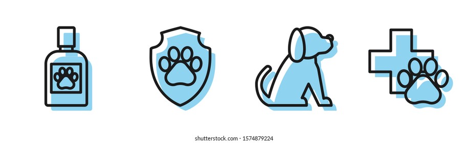 Set line Dog, Dog medicine bottle, Animal health insurance and Veterinary clinic symbol icon. Vector