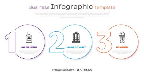 Set line Dog medicine bottle, Cage for birds and Fish skeleton. Business infographic template. Vector