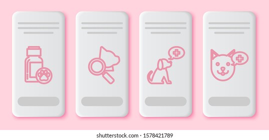 Set line Dog medicine bottle, Veterinary clinic symbol, Veterinary clinic symbol and Veterinary clinic symbol. White rectangle button. Vector