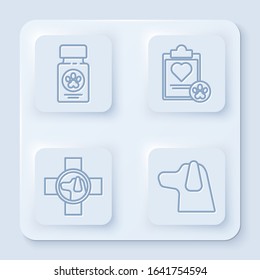 Set line Dog medicine bottle and pills, Clipboard with medical clinical record pet, Veterinary clinic symbol and Dog. White square button. Vector