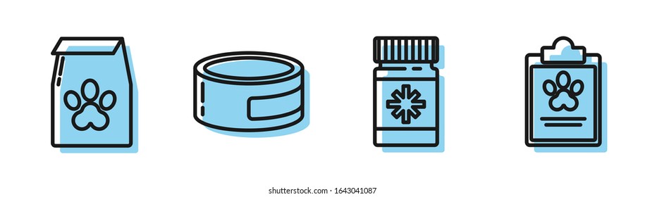 Set line Dog medicine bottle and pills, Bag of food for pet, Canned food and Clipboard with medical clinical record pet icon. Vector