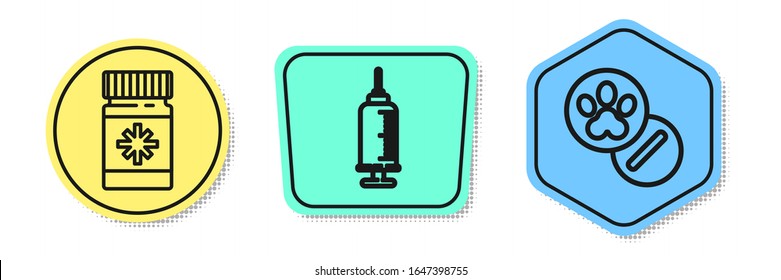 Set line Dog medicine bottle and pills, Syringe with pet vaccine and Dog and pills. Colored shapes. Vector
