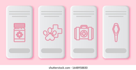 Set line Dog medicine bottle and pills, Veterinary clinic symbol, Pet first aid kit and Pets vial medical. White rectangle button. Vector