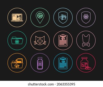 Set line Dog medicine bottle and pills, bone, Animal health insurance, Veterinary clinic, Medical veterinary record folder, Clinical cat laptop, pet and Location icon. Vector