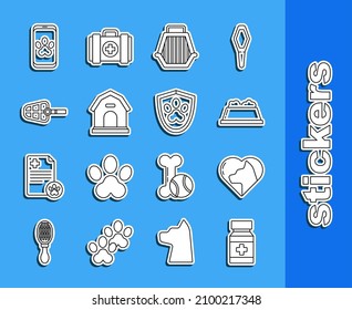 Set line Dog medicine bottle and pills, Heart with cat, Pet food bowl, carry case, house, muzzle, Online veterinary clinic symbol and Animal health insurance icon. Vector