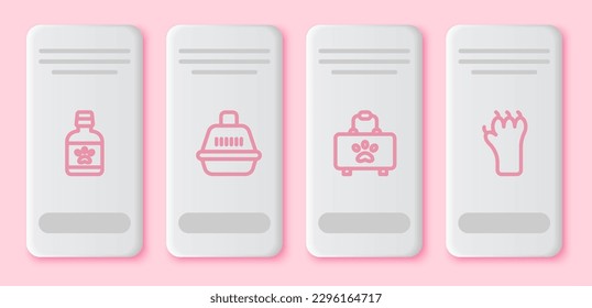 Set line Dog medicine bottle, Pet carry case, first aid kit and Paw print. White rectangle button. Vector