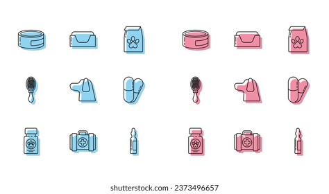 Set line Dog medicine bottle and pills, Pet first aid kit, Canned food, Pets vial medical, Hair brush for dog cat and bed icon. Vector