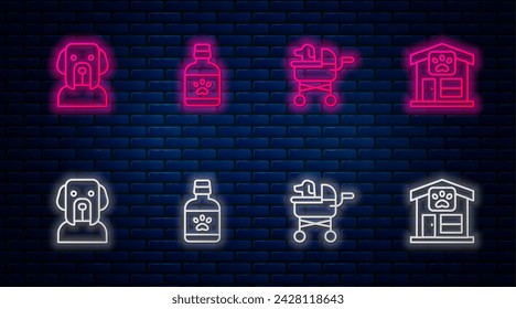 Set line Dog medicine bottle, Pet stroller,  and grooming. Glowing neon icon on brick wall. Vector