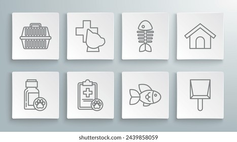 Set line Dog medicine bottle, Veterinary clinic symbol, Clipboard with medical clinical record pet, Fish, Dustpan, skeleton, house and Pet carry case icon. Vector