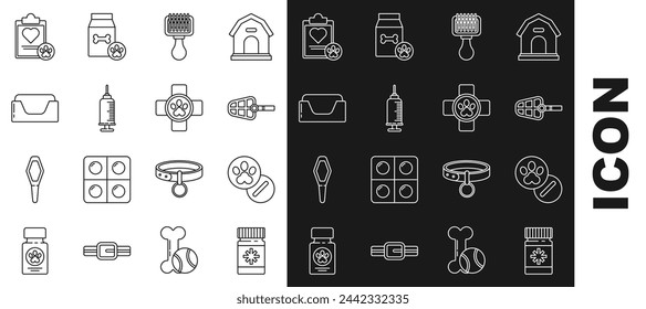 Set line Dog medicine bottle and pills, muzzle, Hair brush for dog cat, Syringe with pet vaccine, Pet bed, Clipboard medical clinical record and Veterinary symbol icon. Vector