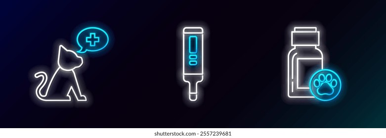 Set line Dog medicine bottle, Veterinary clinic symbol and Medical digital thermometer icon. Glowing neon. Vector