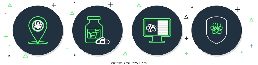 Set line Dog medicine bottle and pills, Clinical record pet on monitor, Location veterinary and Animal health insurance icon. Vector