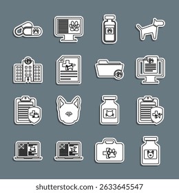 Set line Dog medicine bottle, Clinical record pet, on monitor, Pets vial medical, Medical certificate for dog cat, Veterinary hospital, and pills and veterinary folder icon. Vector