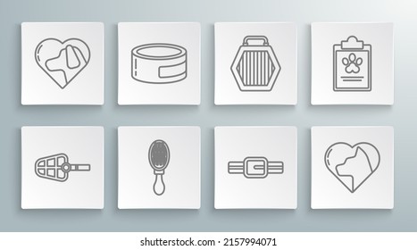Set line Dog muzzle, Canned food, Hair brush for dog and cat, Collar with name tag, Heart, Pet carry case, Clipboard medical clinical record pet and  icon. Vector