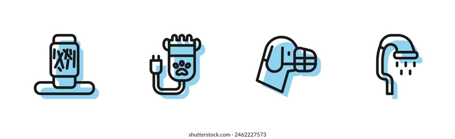 Set line Dog in muzzle, Cat scratching post, Hair clipper pet and Pet shower icon. Vector