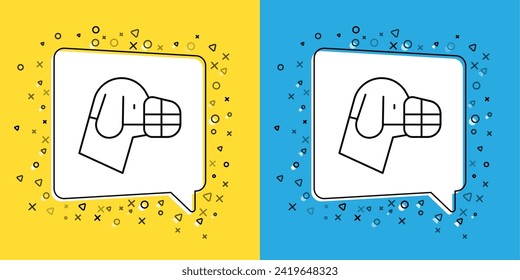 Set line Dog in muzzle icon isolated on yellow and blue background. Accessory for dog.  Vector