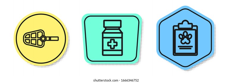 Set line Dog muzzle, Dog medicine bottle and pills and Clipboard with medical clinical record pet. Colored shapes. Vector