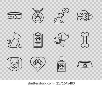 Set line Dog, Pet food bowl for cat or dog, Veterinary clinic symbol, Heart with animals footprint, Collar name tag, Clipboard medical clinical record pet, medicine bottle and bone icon. Vector