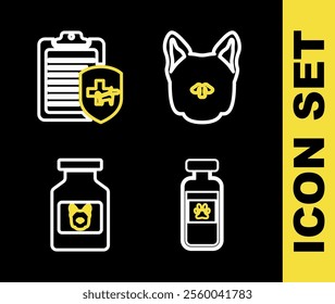 Set line Dog, Pets vial medical, medicine bottle and Clinical record pet icon. Vector